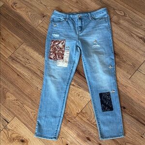 Silk satin patched and embellished jeans